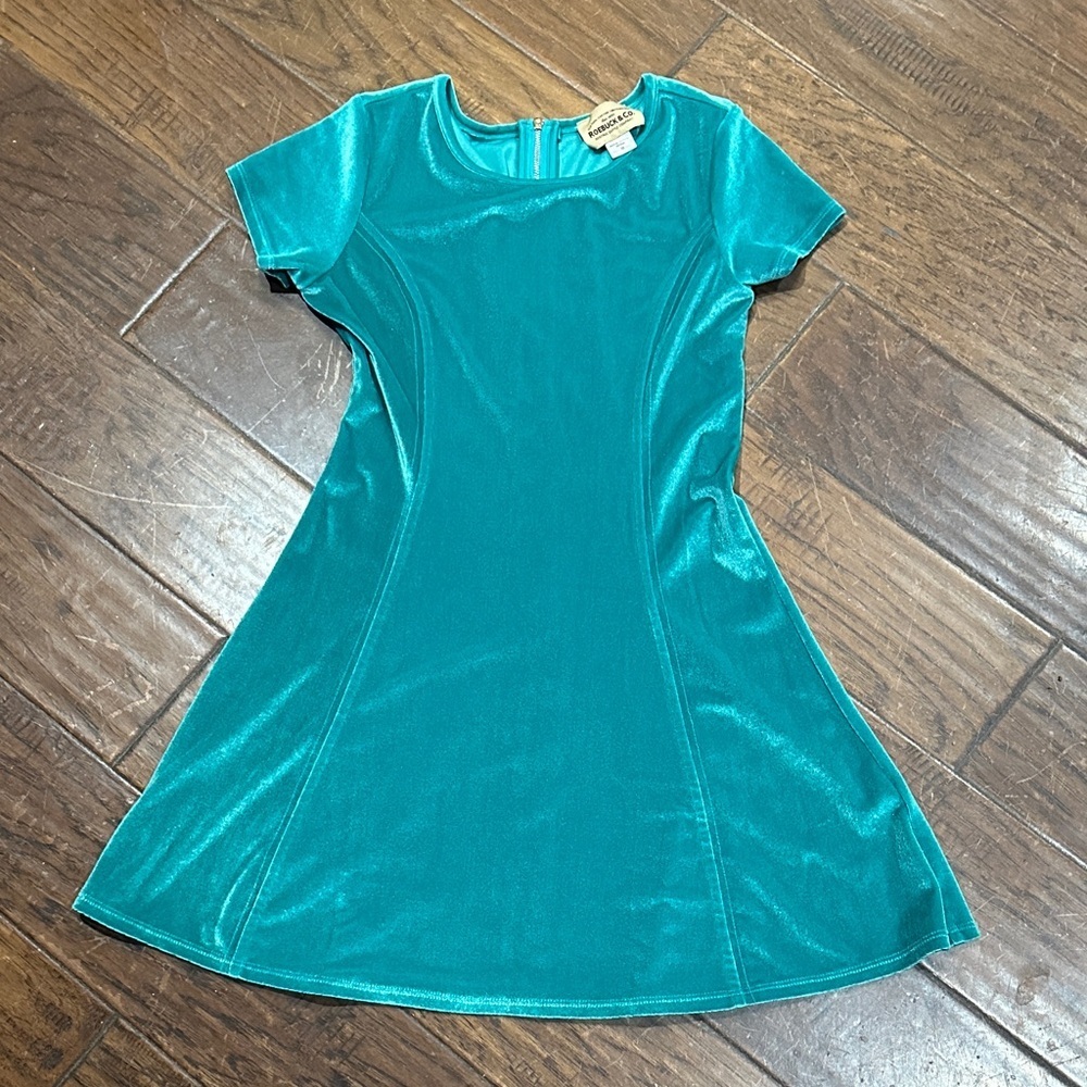 Vintage Roebuck & Co Vibrant Teal Velour‎ Casual Dress for Little Girl Size 10